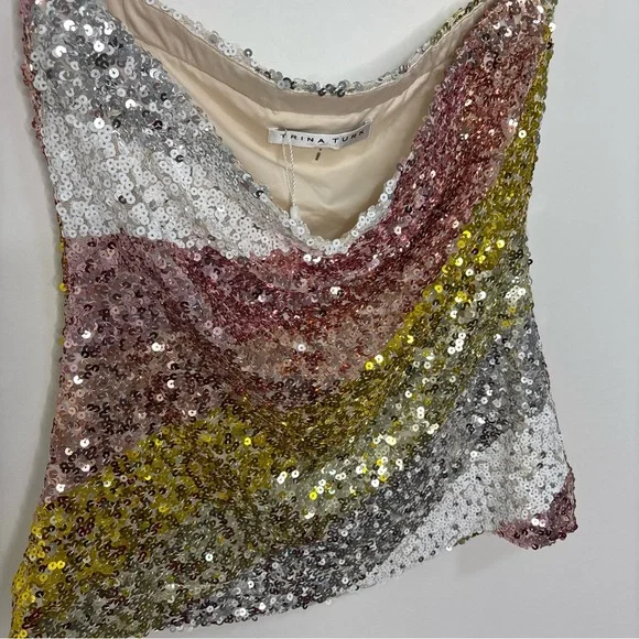 Trina Turk Sequin Strapless Top in Gold, Pink, and White - Picture 3 of 10